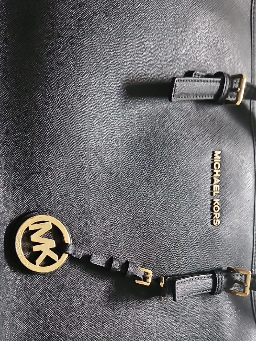 Michael Kors Black Leather Tote with Gold MK Charm